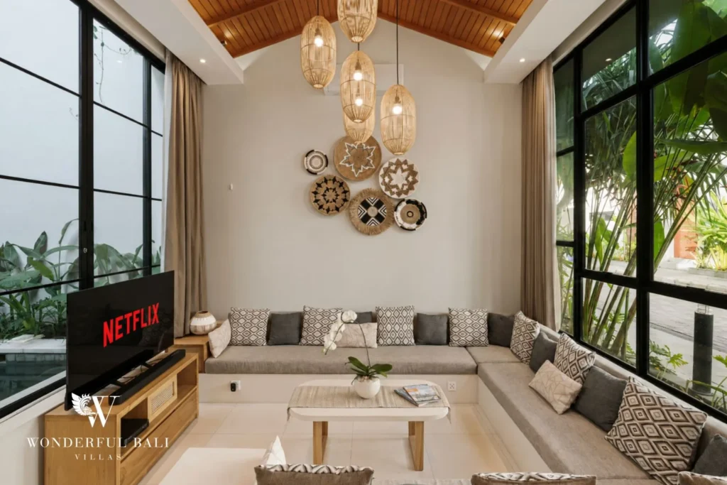 2BR modern villa in Canggu — bright open-plan living room with vaulted timber ceiling and Smart TV, Batu Bolong