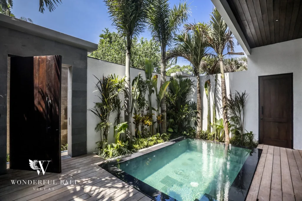 Private plunge pool on a wood deck framed by tropical palms and a pivoting timber door at a 2-bedroom villa in Pererenan, Bali