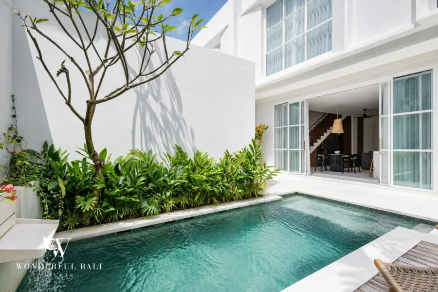 2BR modern villa in Umalas — private pool framed by a frangipani tree beside a two-storey modern villa in Tegal Cupek, Bali