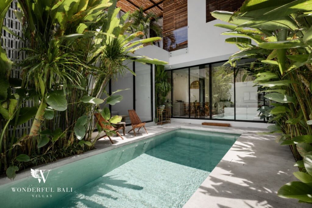 Private pool and villa facade at a villa in Petitenget, Seminyak