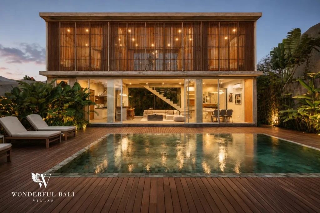 3BR modern villa in Pererenan — designer villa with concrete facade, private pool and rice-field views, Canggu