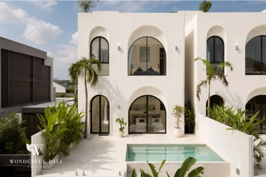 3BR ocean-view villa in Seseh — modern white facade with infinity pool and rooftop terrace, 300m to the beach, Bali
