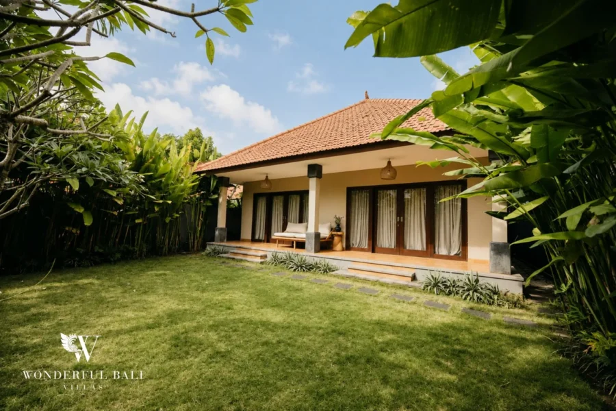 2BR tropical family villa in Berawa — Balinese villa with a private pool, garden gazebo and terracotta roof, Canggu