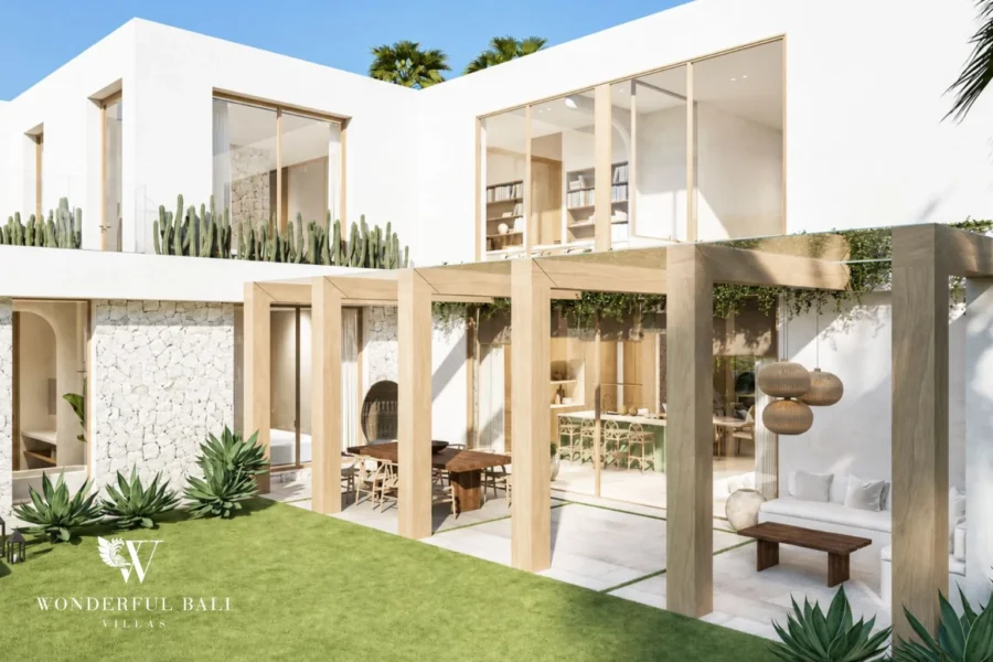 3BR off-plan Mediterranean villa for sale in Pererenan — cream facade with private pool and palms, Bali