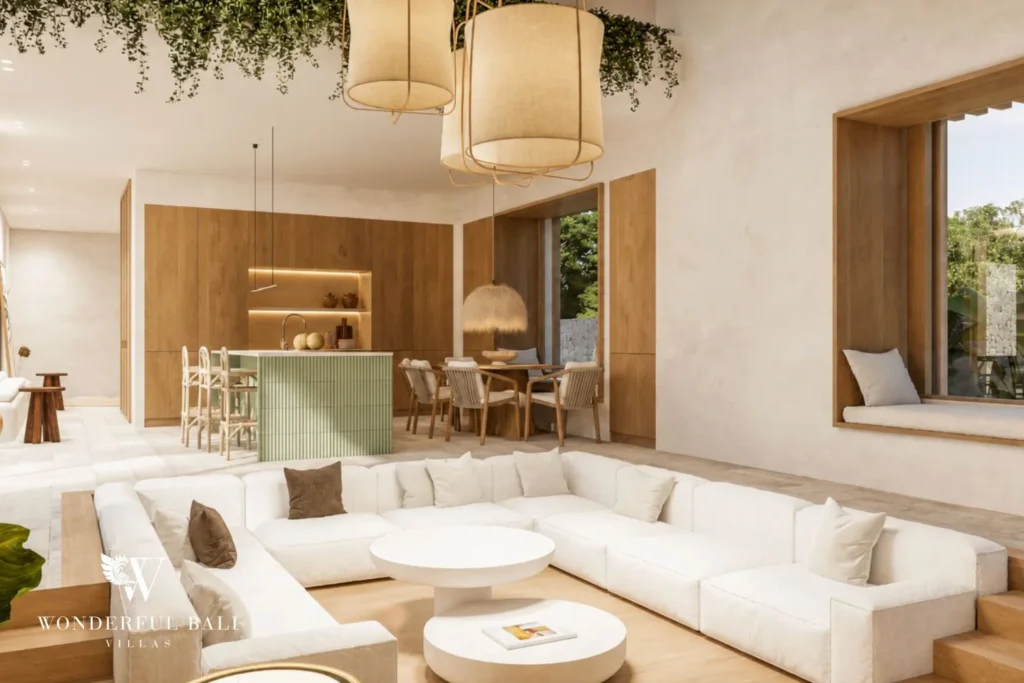 3BR off-plan Mediterranean villa for sale in Pererenan — open plan living room