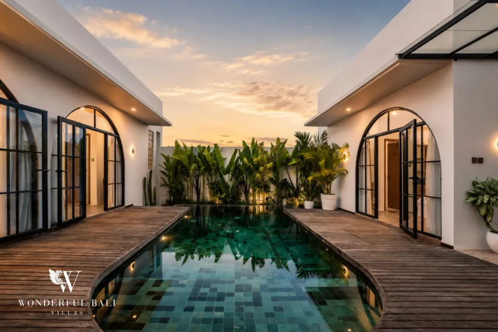 The mosaic-tile pool glows between two wings of arched glass doors under a golden sunset sky at a 3-bedroom villa in Pererenan, Bali