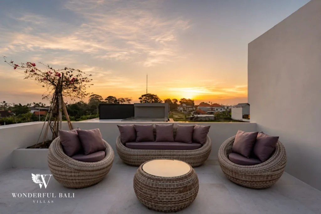 3BR ocean-view villa in Seseh — rooftop terrace lounge at sunset