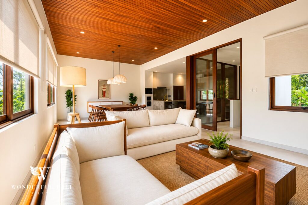 Upstairs living room with timber ceiling opening to greenery at a villa in Berawa, Canggu