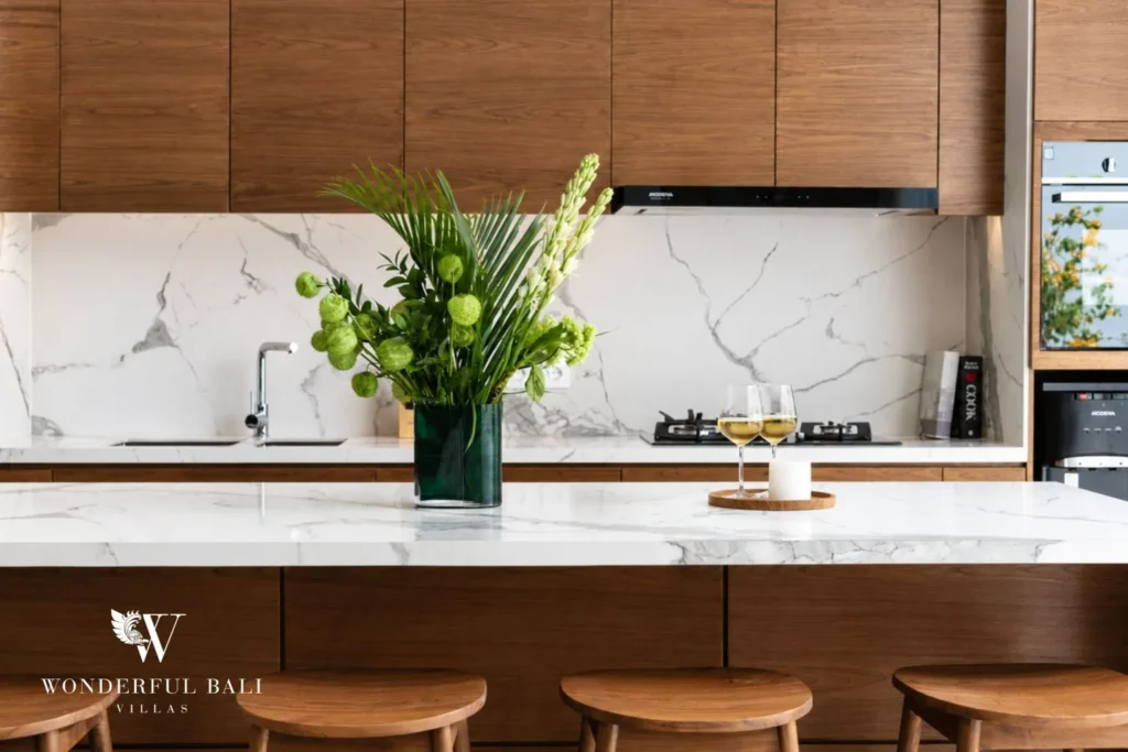 2BR modern villa in Umalas — kitchen with marble backsplash and breakfast bar