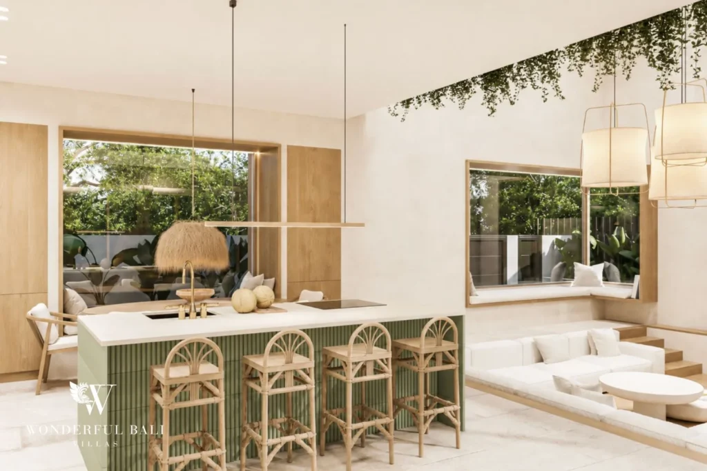 3BR off-plan Mediterranean villa for sale in Pererenan — living dining and kitchen with island
