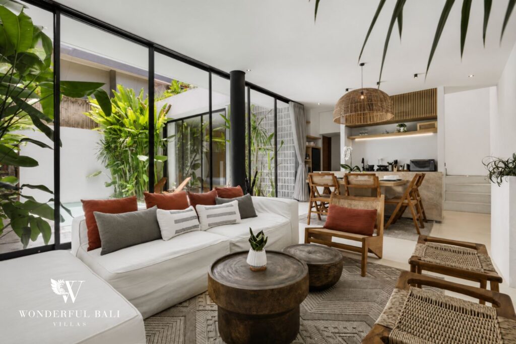 Bright living room opening to the pool at a villa in Petitenget, Seminyak