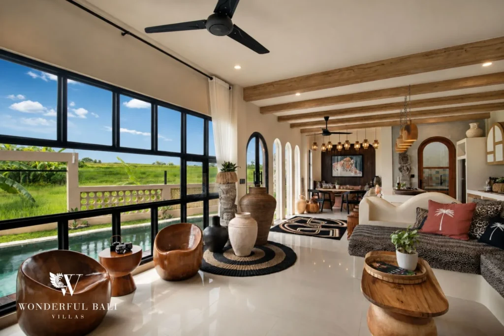 An open living room with wooden furniture and floor-to-ceiling windows overlooking the pool and rice fields at a 3-bedroom villa in Pererenan, Bali