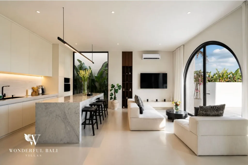 3BR ocean-view villa in Seseh — open plan living room with arched windows