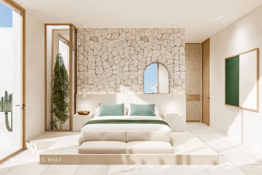 3BR off-plan Mediterranean villa for sale in Pererenan — bedroom with stone accent wall