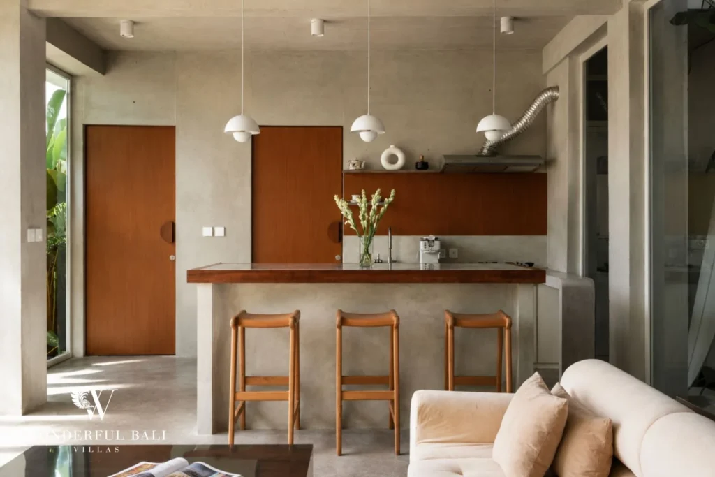 3BR modern villa in Pererenan — kitchen and bar with concrete finishes