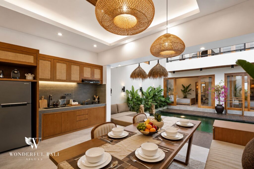 Open-plan kitchen and dining area at a villa in Canggu