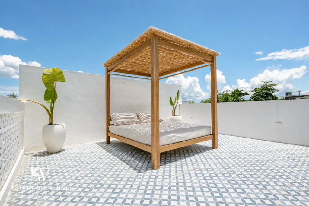 Canopied daybed on the rooftop terrace of a 2-bedroom villa in Cemagi Bali