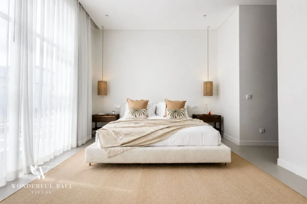 2BR modern villa in Umalas — bright bedroom with garden view