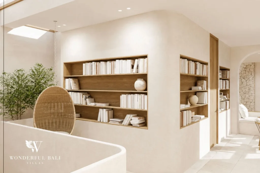 3BR off-plan Mediterranean villa for sale in Pererenan — kitchen and living with open shelving