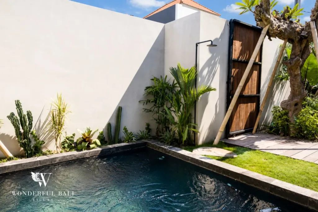 Plunge pool corner with an outdoor rain shower, timber gate and a landscaped bed of cacti and palms at a 2-bedroom villa in Seseh, Bali