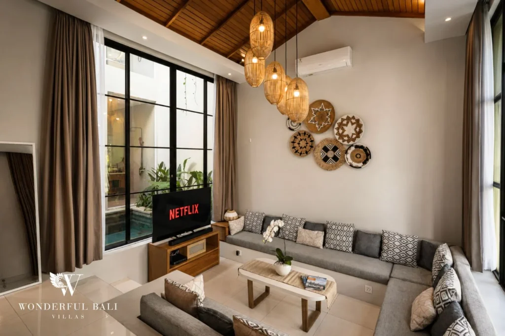 2BR modern villa in Canggu — living room with boho accents