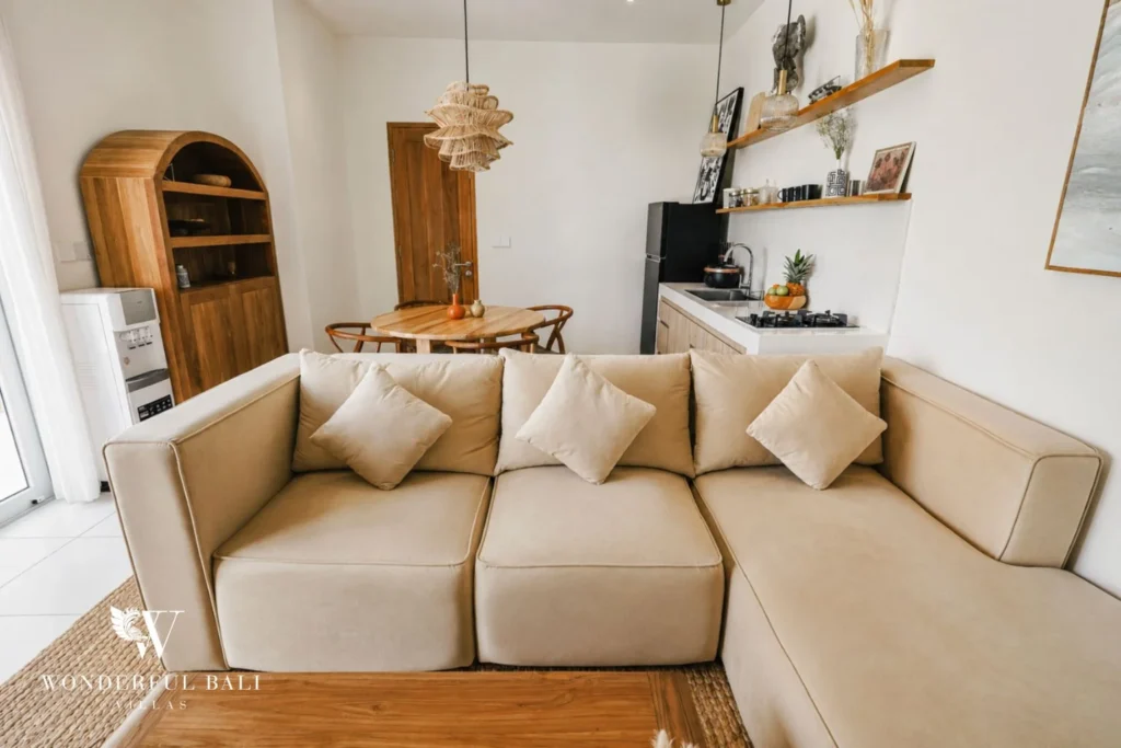 Open-plan living kitchen and dining in a 2-bedroom villa in Cemagi Bali
