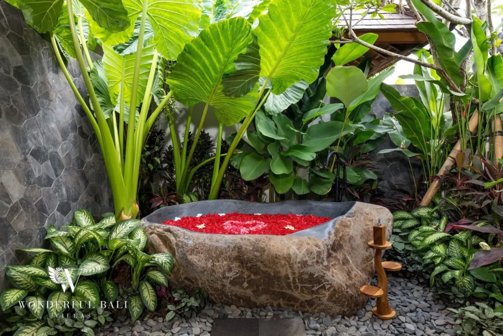 A carved natural-stone bathtub surrounded by large tropical leaf plants against a stone wall at a 4-bedroom villa in Canggu, Bali