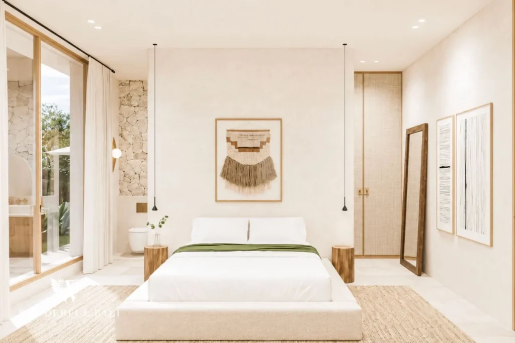 3BR off-plan Mediterranean villa for sale in Pererenan — bright minimalist bedroom