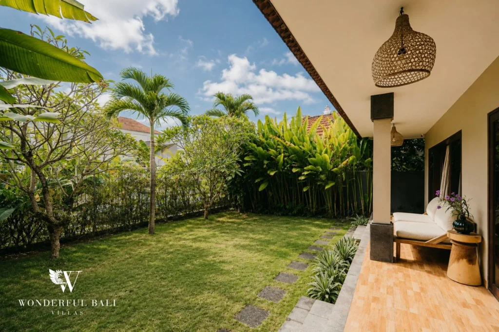 2BR tropical family villa in Berawa — garden with covered terrace