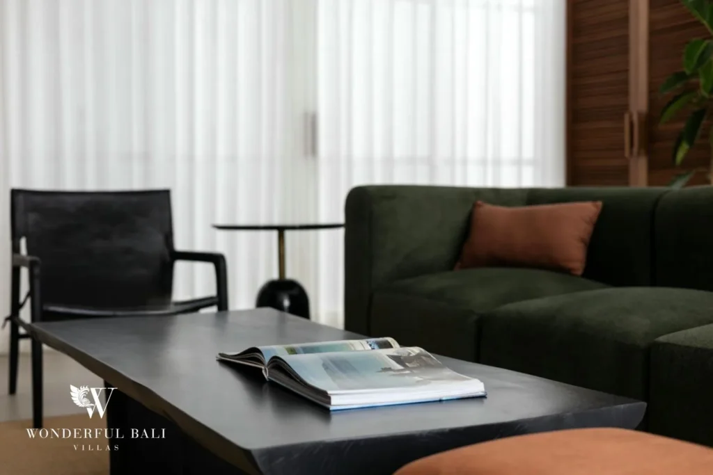 2BR modern villa in Umalas — living room with green velvet sofa
