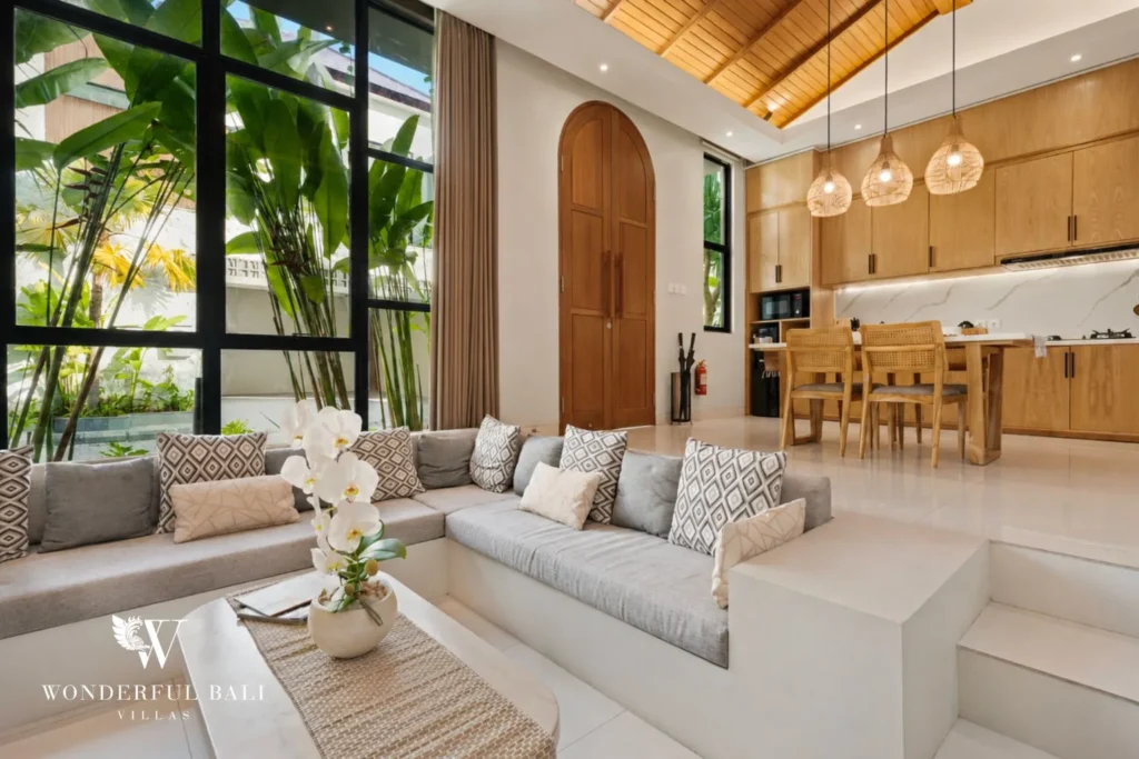 2BR modern villa in Canggu — open plan living with vaulted ceiling