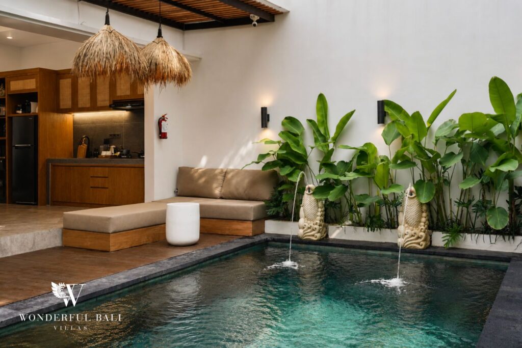 Private pool with lush tropical planting at a villa in Canggu