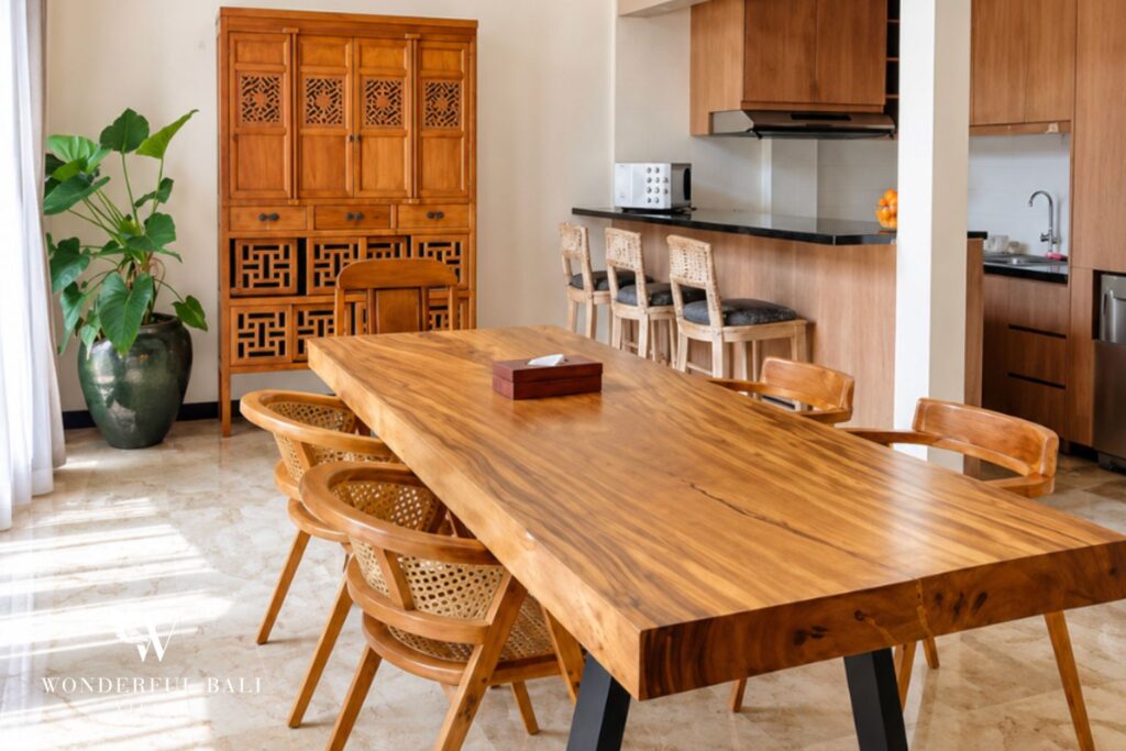Open-plan dining and kitchen at a villa in Seminyak