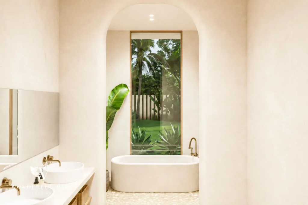 3BR off-plan Mediterranean villa for sale in Pererenan — en suite bathroom with arched window
