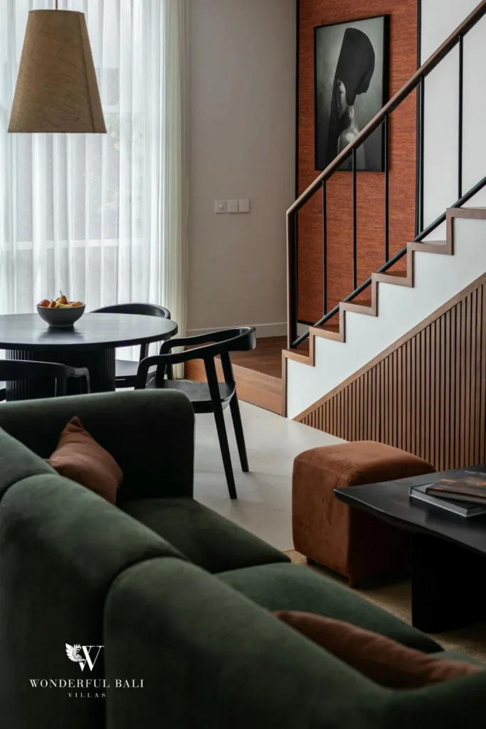 2BR modern villa in Umalas — living and dining with round table