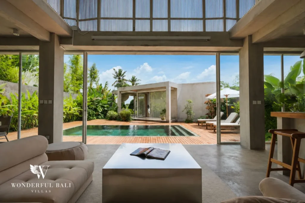 3BR modern villa in Pererenan — living room with pool view