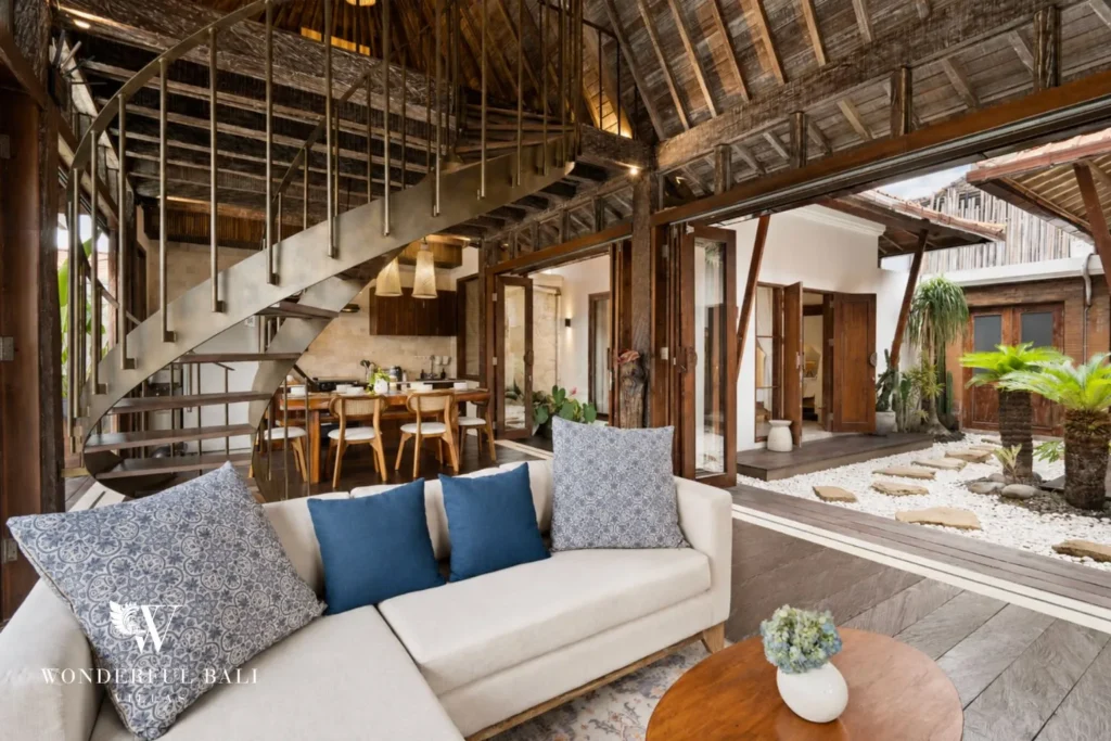 3BR tropical villa in Pererenan — open plan living room with pool view