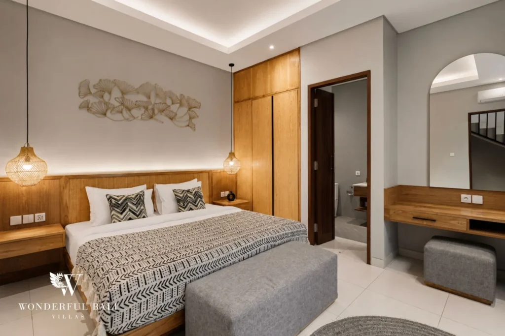 2BR modern villa in Canggu — bedroom with dedicated workspace