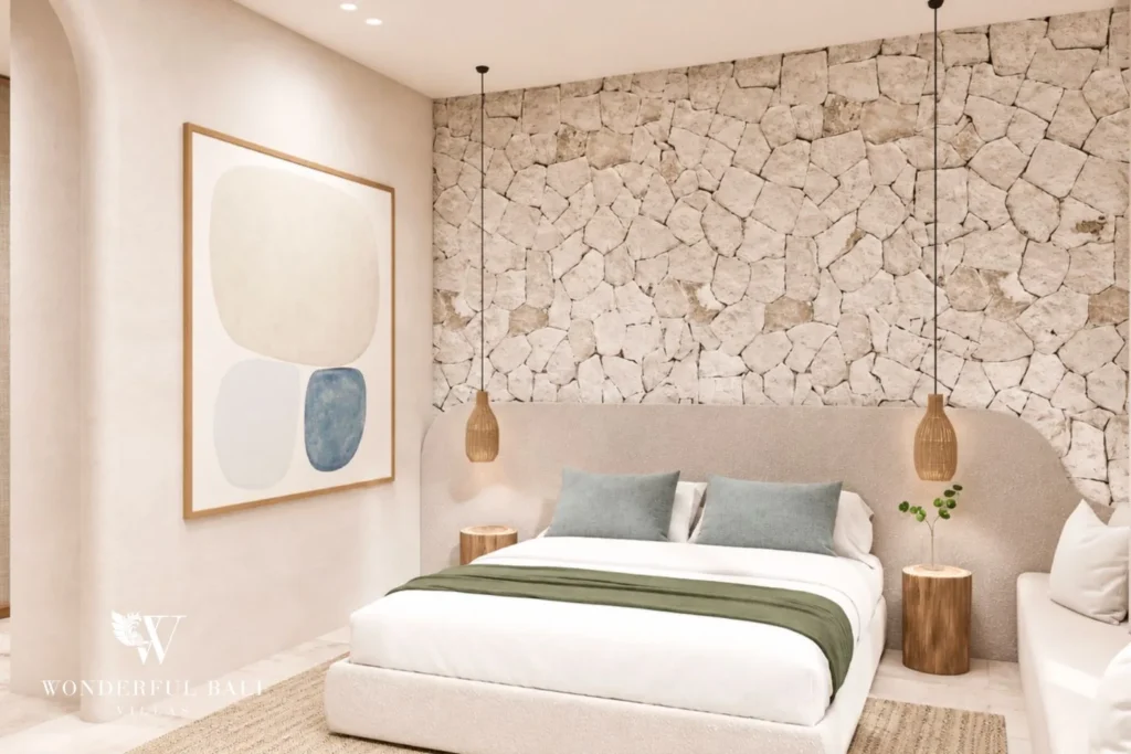 3BR off-plan Mediterranean villa for sale in Pererenan — bedroom with stone wall and green accents