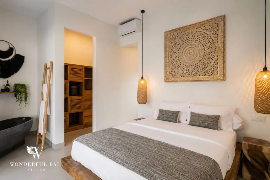 3BR tropical villa in Umalas — bedroom with timber accents
