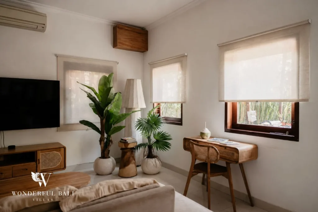 2BR tropical family villa in Berawa — living room with study corner