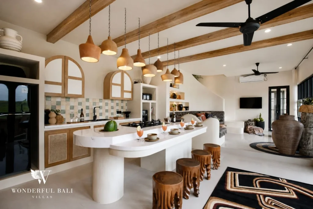 A bright kitchen with butler's pantry counters, arched cabinets and bar stools at a 3-bedroom villa in Pererenan, Bali