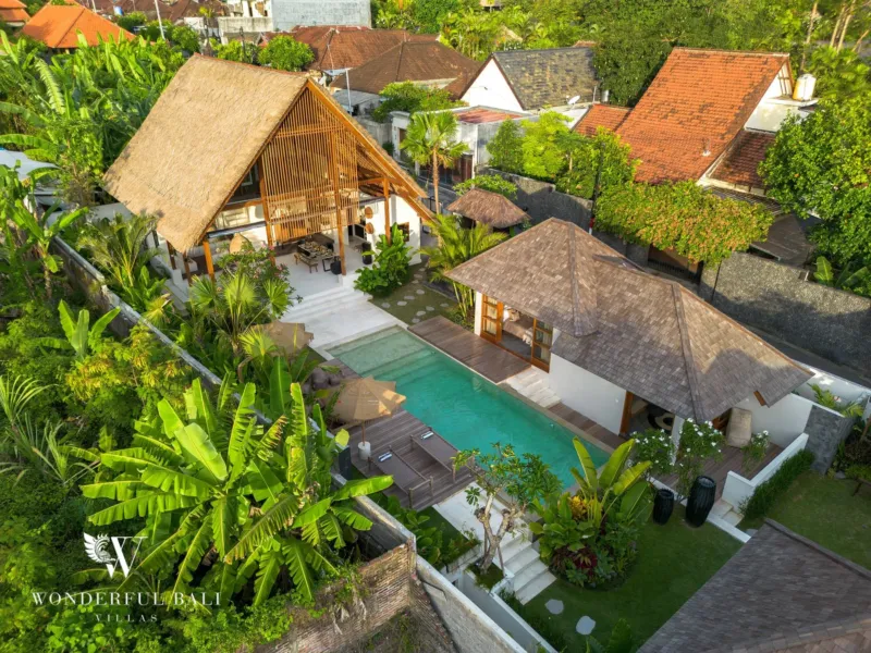 4BR villa for rent in Canggu — aerial, an aerial view shows the thatched pavilion, shingle-roofed bungalows and a private pool surrounded by dense tropical greenery at a 4-bedroom villa
