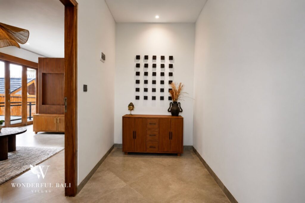 Entrance hallway with built-in storage at a villa in Canggu