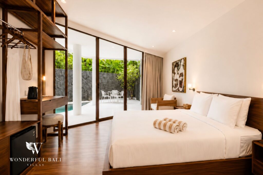 King bedroom opening directly onto the private pool at a villa in Berawa, Canggu