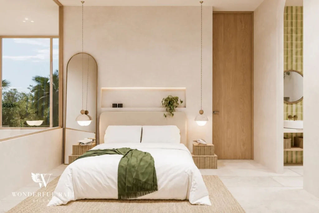 3BR off-plan Mediterranean villa for sale in Pererenan — bedroom with arched en suite