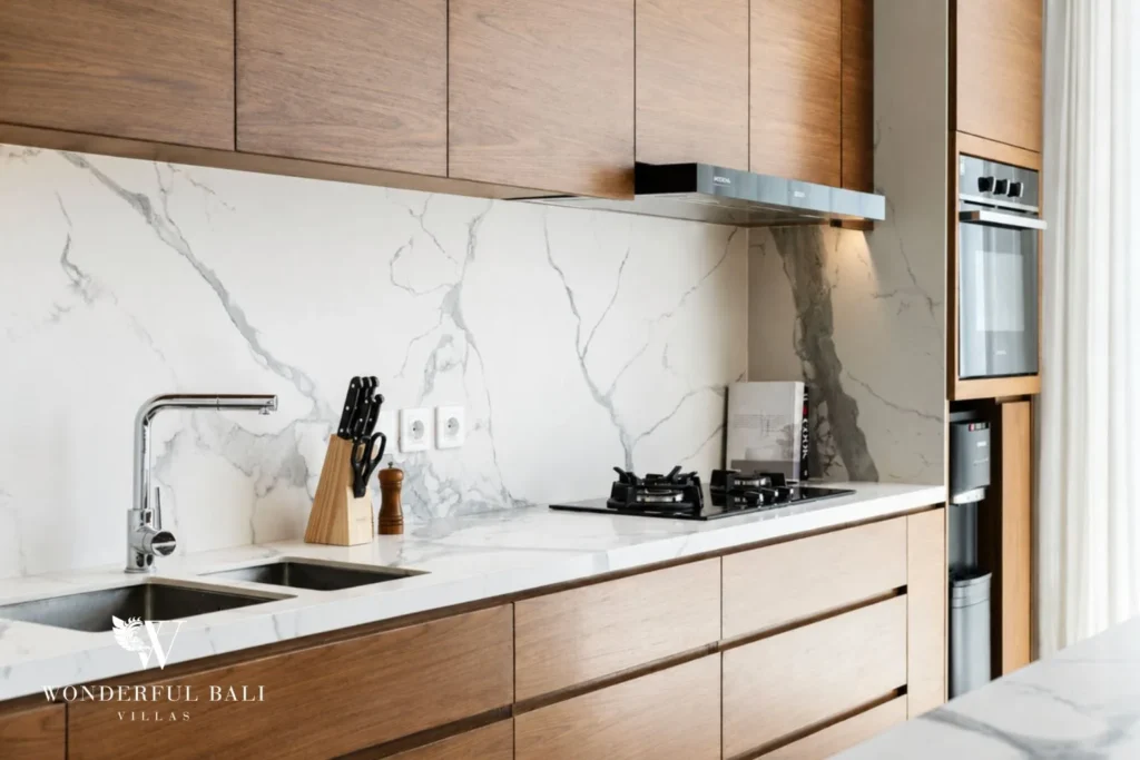 2BR modern villa in Umalas — kitchen with marble worktop and sink