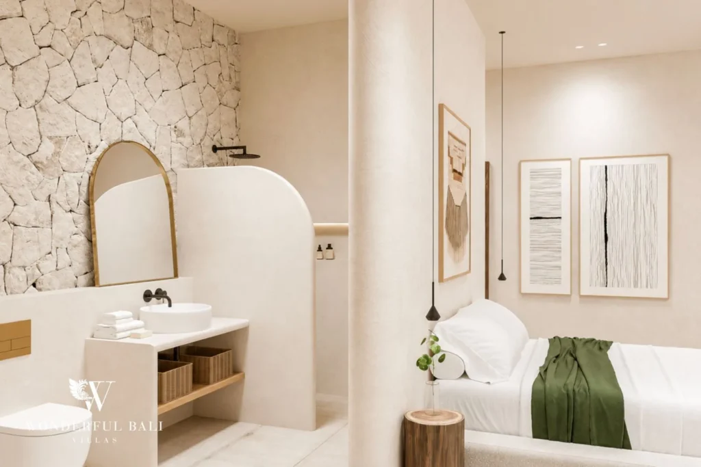 3BR off-plan Mediterranean villa for sale in Pererenan — bathroom vanity with arch