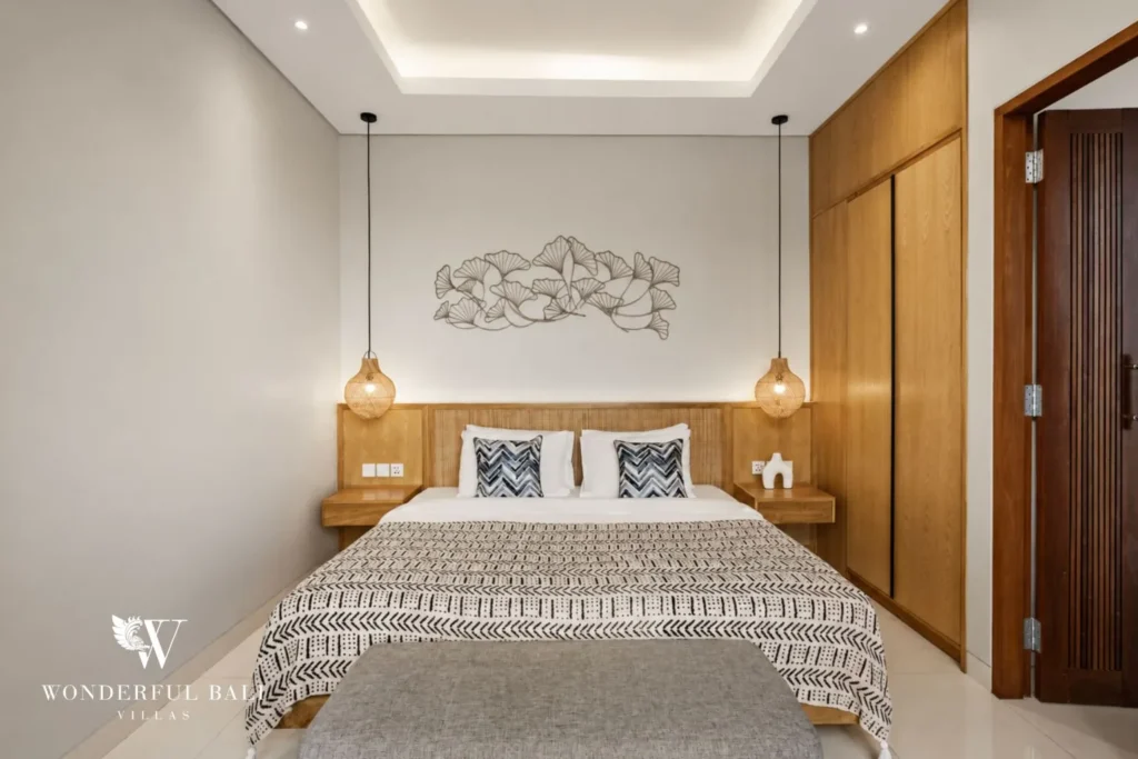 2BR modern villa in Canggu — bedroom with timber headboard