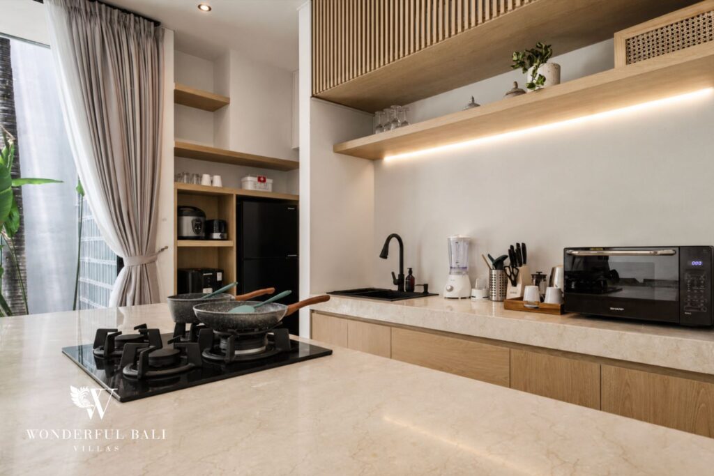 Kitchen counter and cabinetry detail at a villa in Petitenget, Seminyak